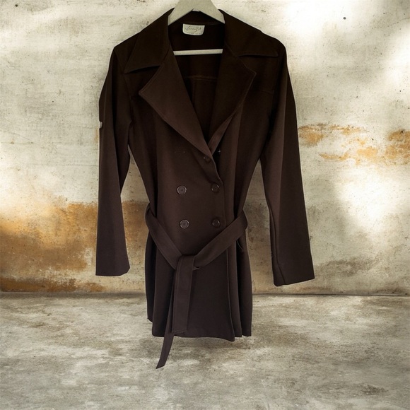 Jackets & Blazers - FINESSE VINTAGE BROWN DOUBLE BREASTED POLYESTER TRENCH JACKET SIZE L